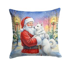 American Eskimo with Santa Claus Throw Pillow Decorative Indoor Outdoor Accent Cushion for Couch, Bed or Patio, 14Hx14W