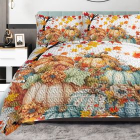 3 Pieces Colorful Oil Painting Pumpkin Pattern Quilt Set Twin Full Queen King Size For All Seasons Flower Fall Leaves Bedding Set With 2 Pillowca (Option: King-Orange)